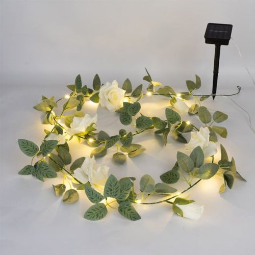 Szolár Fényfüzér Rózsa Virágokkal, 20 Meleg Fehér LED-del, Villogó Funkcióval - 1.9m