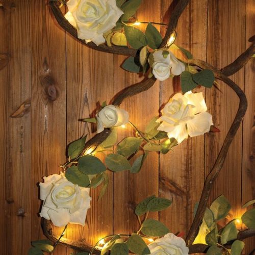 Szolár Fényfüzér Rózsa Virágokkal, 20 Meleg Fehér LED-del, Villogó Funkcióval - 1.9m