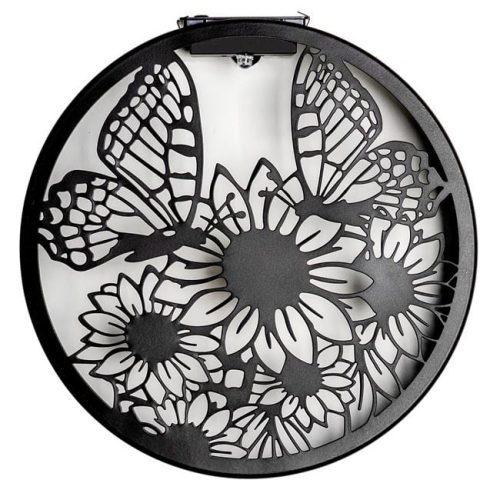 Fekete Fém Szolár Falidekoráció Napraforgóval és Pillangókkal Ø25.5cm