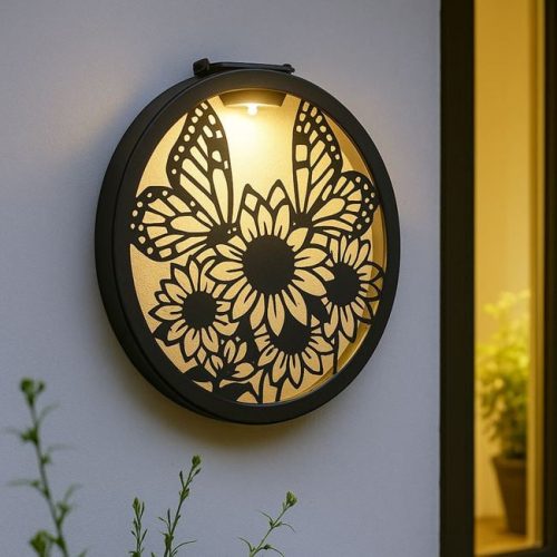 Fekete Fém Szolár Falidekoráció Napraforgóval és Pillangókkal Ø25.5cm