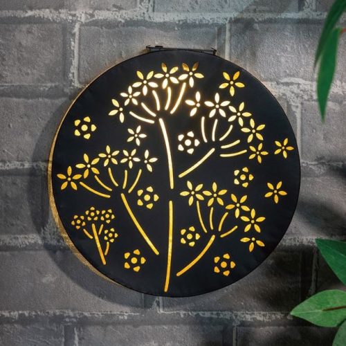 Fekete Fém Szolár Falidísz Virágmintával Ø25cm