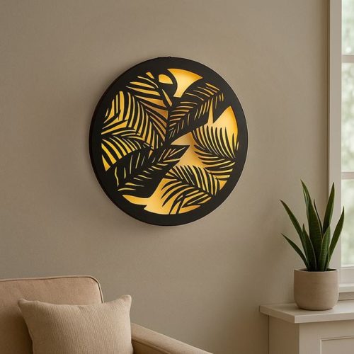Fekete Fém Szolár Fali Dekoráció Trópusi Levél Mintával Ø40cm