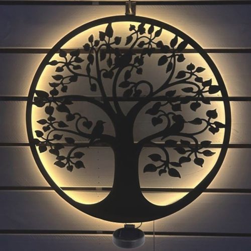 Napelemes Fém Fali Dekoráció - Fekete Életfa Madarakkal Ø40cm