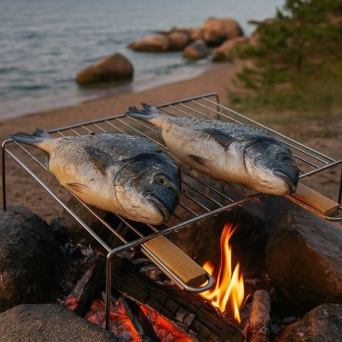 Négyszögletes BBQ Grill Rács Lábakkal és Fa Fogantyúkkal 50x35x10cm