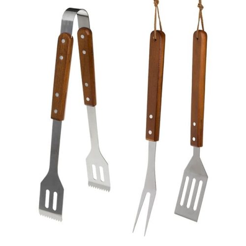 Rozsdamentes acél BBQ grill készlet fa nyéllel - 3 darabos