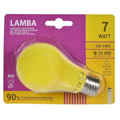 E27 LED Izzó 7W (A60) Rovarriasztó - Sárga Fény