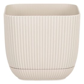   Négyzet Alakú Csíkos Műanyag Virágcserép Beépített Alátéttel - Bézs, 15x15x13cm
