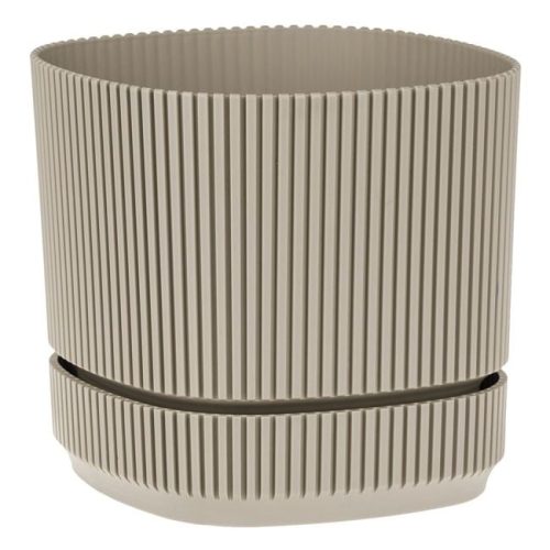 Négyzet Alakú Bézs Műanyag Virágcserép Csíkos Mintával és Alátéttel 21x21x19cm - 4.6L
