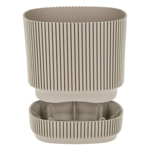 Négyzet Alakú Bézs Műanyag Virágcserép Csíkos Mintával és Alátéttel 21x21x19cm - 4.6L