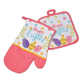  Húsvéti konyhai kesztyű és edényfogó szett - Színes tojások és virágok „Happy Easter”