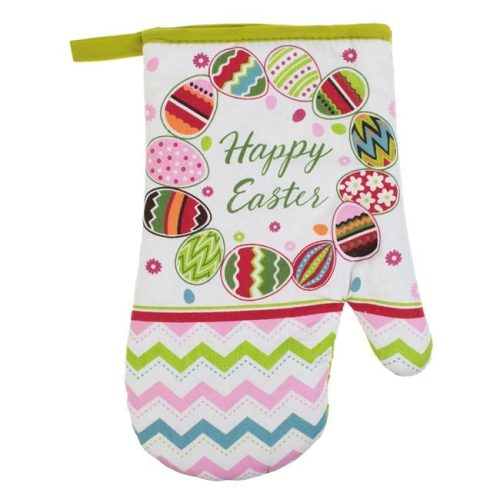 Húsvéti konyhai kesztyű és edényfogó szett, Nyuszi és tojáskoszorú "Happy Easter" - 2 db