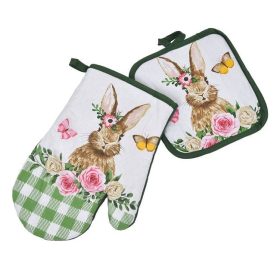   Húsvéti konyhai kesztyű és edényfogó szett - Nyuszi, virágok és pillangók - 2 db