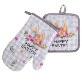   Húsvéti konyhai kesztyű és edényfogó szett - Nyuszifül, virágok és „Happy Easter” felirat - 2 db