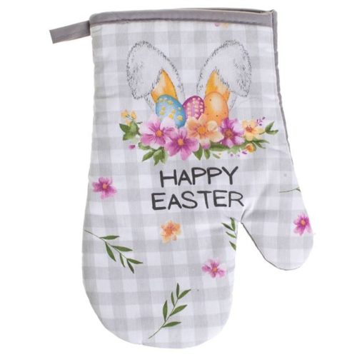 Húsvéti konyhai kesztyű és edényfogó szett - Nyuszifül, virágok és „Happy Easter” felirat - 2 db