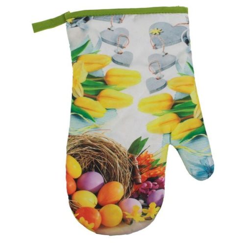 Húsvéti konyhai kesztyű és edényfogó szett - Tojáskosár és tulipán mintával, 2 db