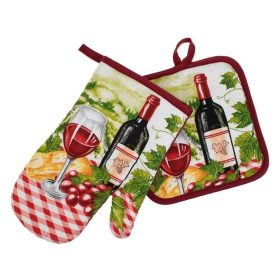   Húsvéti konyhai kesztyű és edényfogó szett - Borosüveg és pohár mintával, 2 db