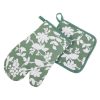 Konyhai kesztyű és edényfogó készlet - Zöld-fehér virágmintás - 2 db