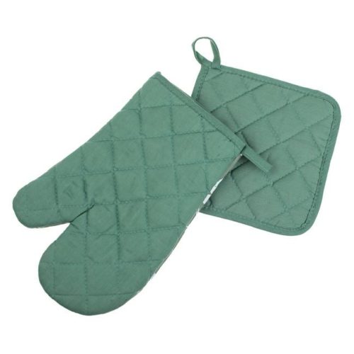 Konyhai kesztyű és edényfogó készlet - Zöld-fehér virágmintás - 2 db