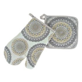   Szürke Konyhai Készlet Sárga Mandala Mintával - Konyhai Kesztyű és Edényfogó (2 db)