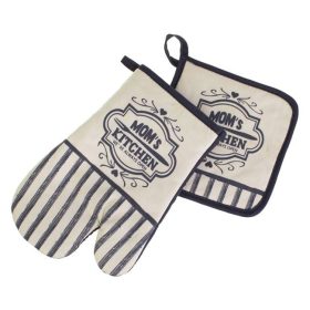   Szürke Konyhai Kesztyű és Edényfogó Szett "Mom's Kitchen" Felirattal - 2 db
