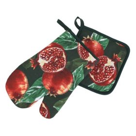   Konyhai kesztyű és edényfogó szett, gránátalma mintás, zöld - 2 db