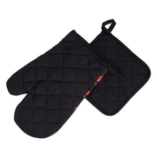 Fekete Konyhai Kesztyű és Edényfogó Szett Chilli Mintával - 2 db-os