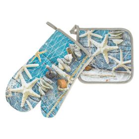   Konyhai kesztyű és edényfogó szett - Taupe, tengericsillag és kagyló mintával - 2 db