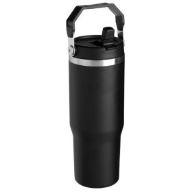   Rozsdamentes Acél Termosz Bögre Beépített Fogantyúval és Szívószállal, Matt Fekete - 890ml