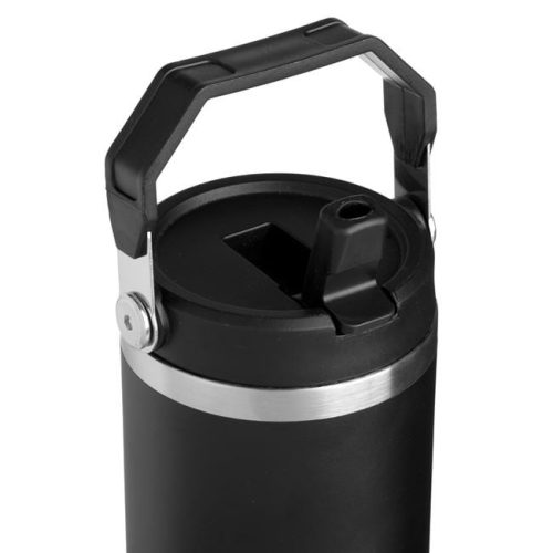 Rozsdamentes Acél Termosz Bögre Beépített Fogantyúval és Szívószállal, Matt Fekete - 890ml