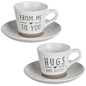   2 darabos barna-ekrü kerámia csésze készlet aljjal és felirattal, 250ml