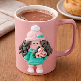   Rózsaszín Kerámia Bögre 3D Virágos Kislány Figurával, 435ml