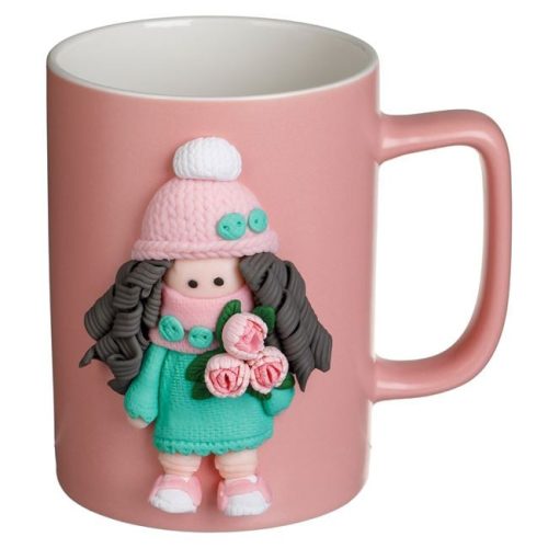 Rózsaszín Kerámia Bögre 3D Virágos Kislány Figurával, 435ml