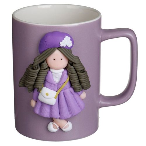 Lila Kerámia Bögre 3D Táskás Kislány Figurával - 435ml