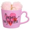 „Super Mother” New Bone porcelán bögre matt rózsaszín színben, szív alakú füllel és pomponos kulcstartóval, 400ml