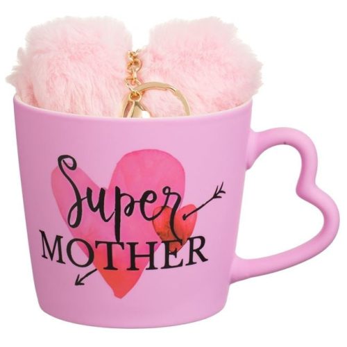 „Super Mother” New Bone porcelán bögre matt rózsaszín színben, szív alakú füllel és pomponos kulcstartóval, 400ml