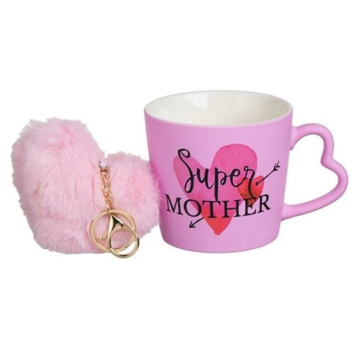 „Super Mother” New Bone porcelán bögre matt rózsaszín színben, szív alakú füllel és pomponos kulcstartóval, 400ml