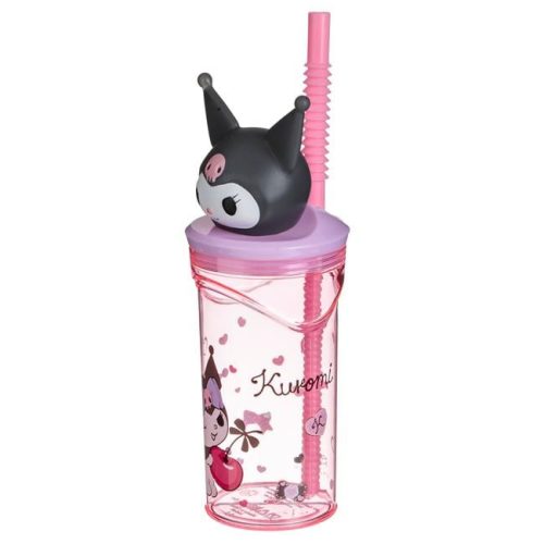 Rózsaszín műanyag pohár szívószállal és 3D Kuromi figurával – 360 ml
