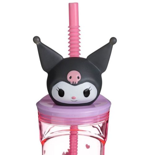 Rózsaszín műanyag pohár szívószállal és 3D Kuromi figurával – 360 ml