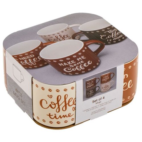 Barna-Krém Kerámia Bögre Készlet Felirattal 350ml - 4 db