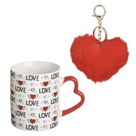   Fehér Kerámia Bögre Szív Alakú Füllel és Piros Szőrmés Szív Kulcstartóval - 350ml