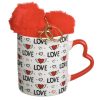 Fehér Kerámia Bögre Szív Alakú Füllel és Piros Szőrmés Szív Kulcstartóval - 350ml