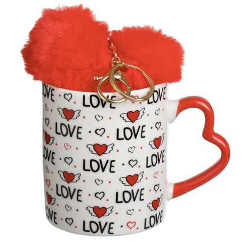 Fehér Kerámia Bögre Szív Alakú Füllel és Piros Szőrmés Szív Kulcstartóval - 350ml