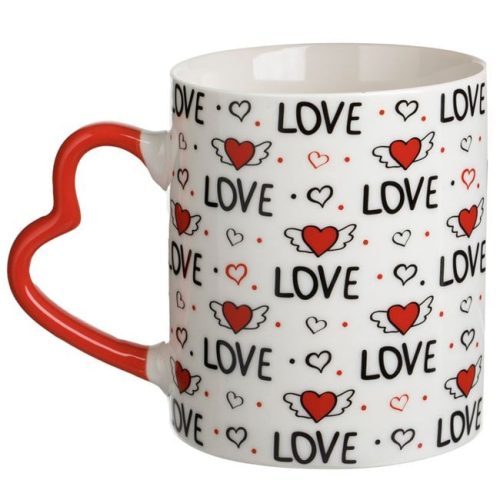 Fehér Kerámia Bögre Szív Alakú Füllel és Piros Szőrmés Szív Kulcstartóval - 350ml