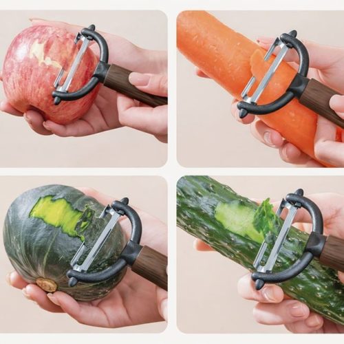 Rozsdamentes acél hámozó fa mintázatú műanyag nyéllel, 12,5 cm