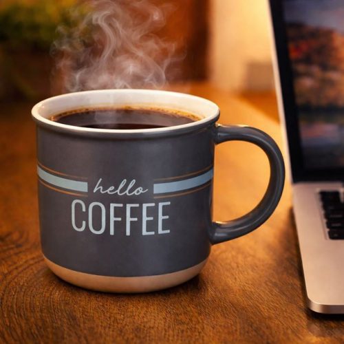 New Bone Porcelán Bögre, Szürke, „Hello Coffee” Felirattal, 370ml