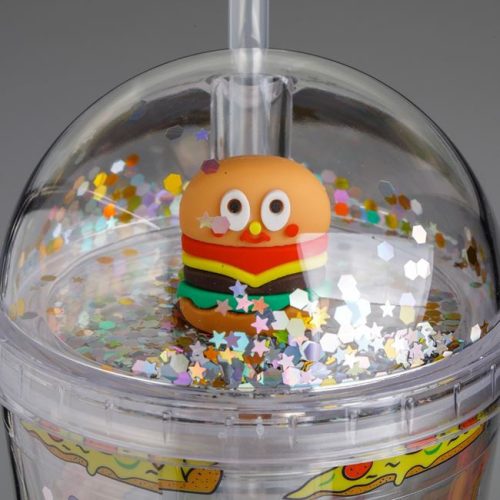 Átlátszó Műanyag Pohár Szívószállal és Fast Food Mintával 475ml