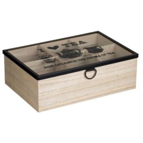   Fából Készült Teafiltertartó Doboz 6 Rekesszel és Üvegfedéllel, 24x16x8 cm