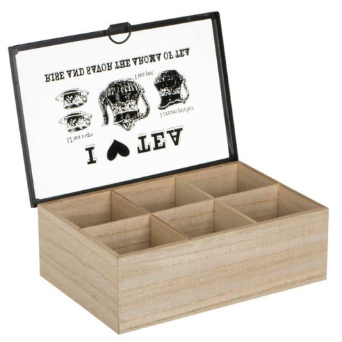 Fából Készült Teafiltertartó Doboz 6 Rekesszel és Üvegfedéllel, 24x16x8 cm