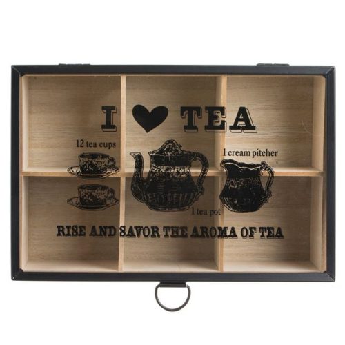 Fából Készült Teafiltertartó Doboz 6 Rekesszel és Üvegfedéllel, 24x16x8 cm