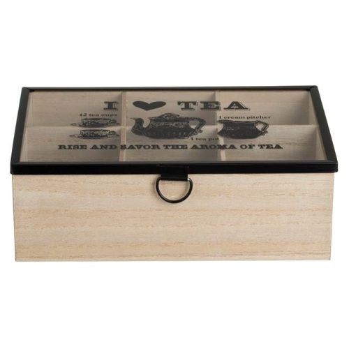 Fából Készült Teafiltertartó Doboz 6 Rekesszel és Üvegfedéllel, 24x16x8 cm